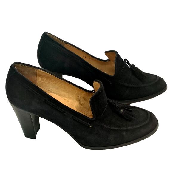 Vintage Black Kid Suede Tassel Pumps Block Heel | Handmade  6.5 - Picture 1 of 10